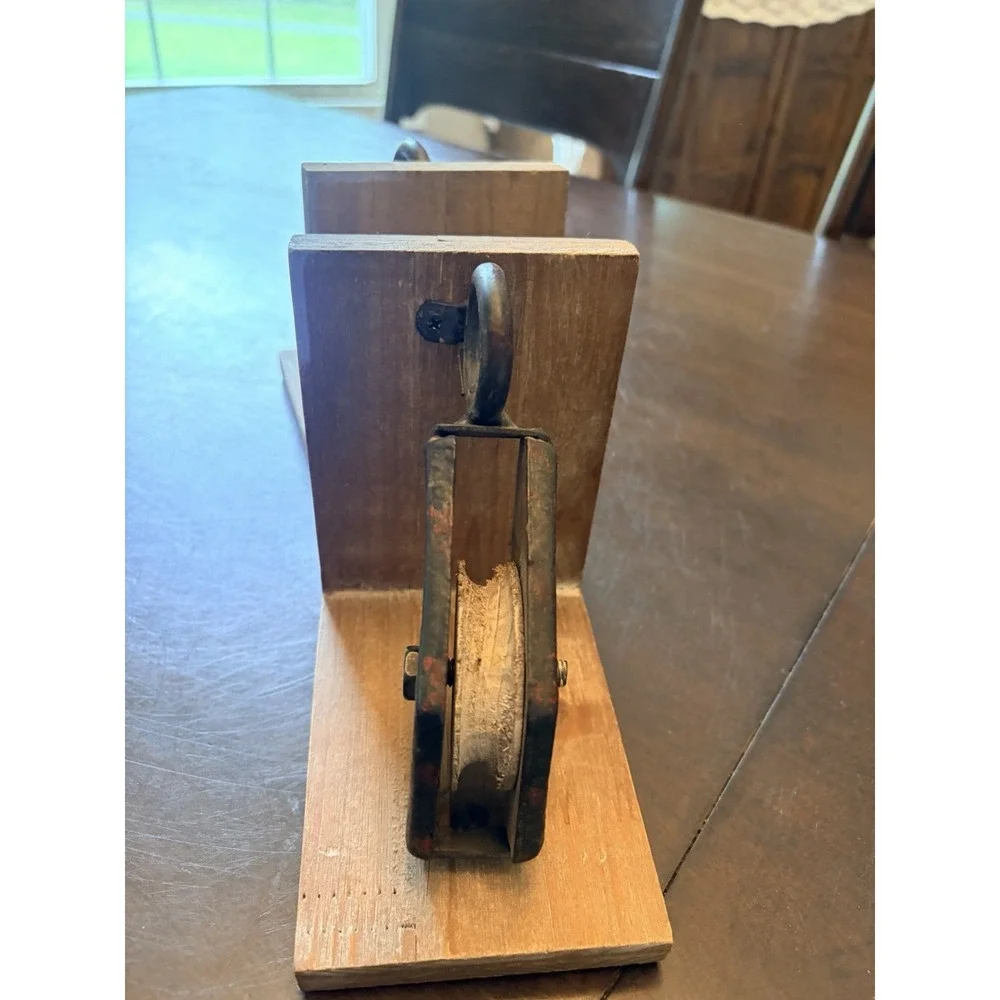 Vintage Industrial Barn Pulley Bookends Pair Rustic Primitive Farmhouse